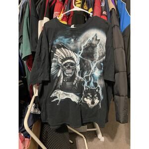 Size 3XL- VTG Indian Warrior Skeleton Wolf Howling At The Moon AOP T-Shirt Men's